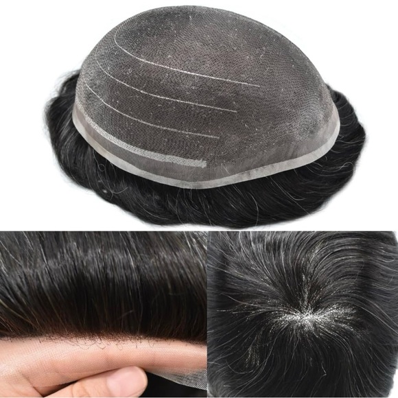 HUMAN HAIR Men’s Hairpiece Breathable Off Black 10% gray hair 100% density - Picture 2 of 12